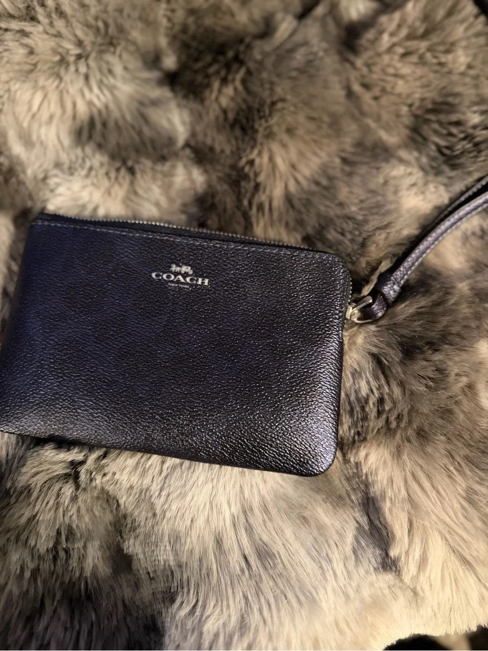 Coach Navy Blue Pebbled Leather Wristlet Pouch with Silver Hardware